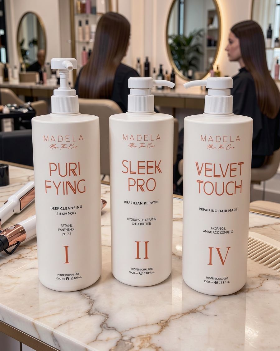Madela keratin seti: I, II ve IV numaralı şişeler salon tezgâhında