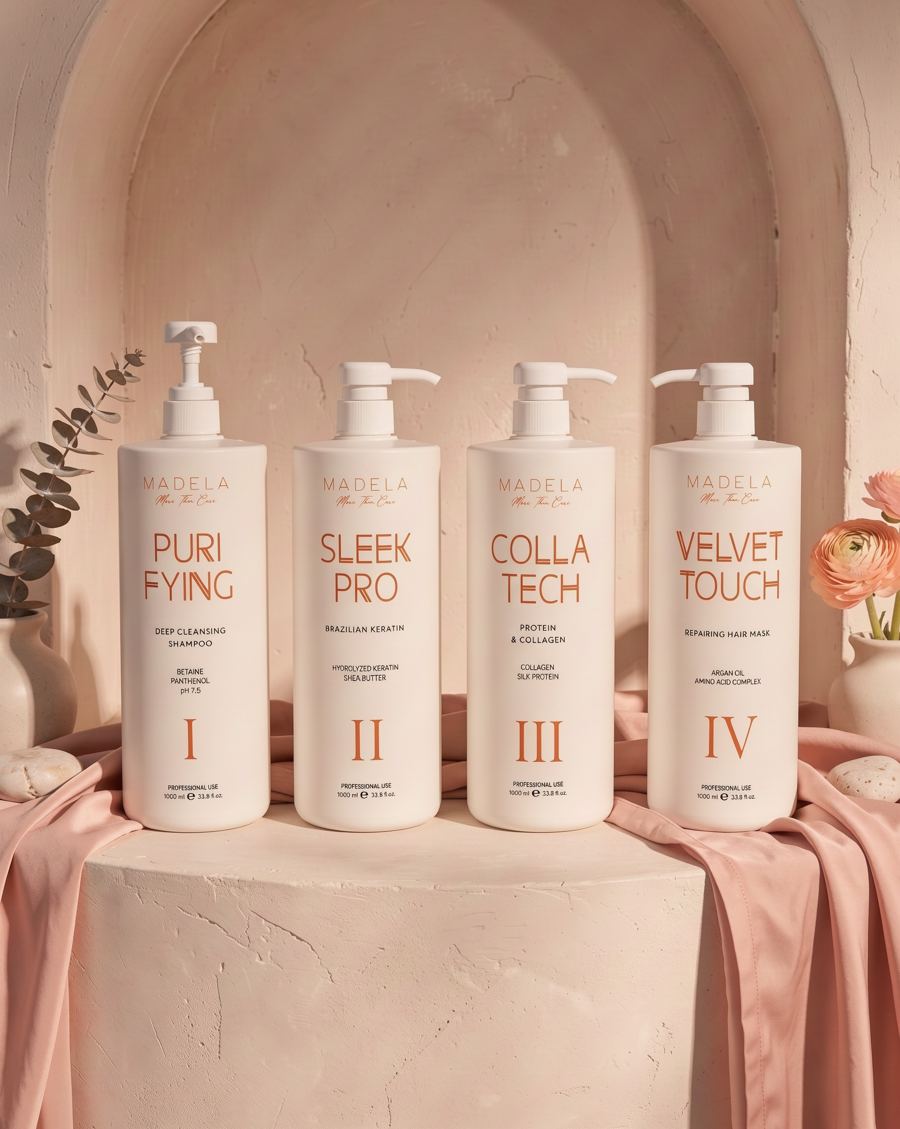 Madela I Purifying, II Sleek Pro, III Colla Tech ve IV Velvet Touch şişeleri pudra nişte yan yana